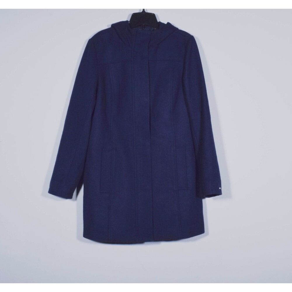 Tommy Hilfiger Wool Blend Fitted Coat W/Hood & Hidden Zipper & Snap Front Sz M